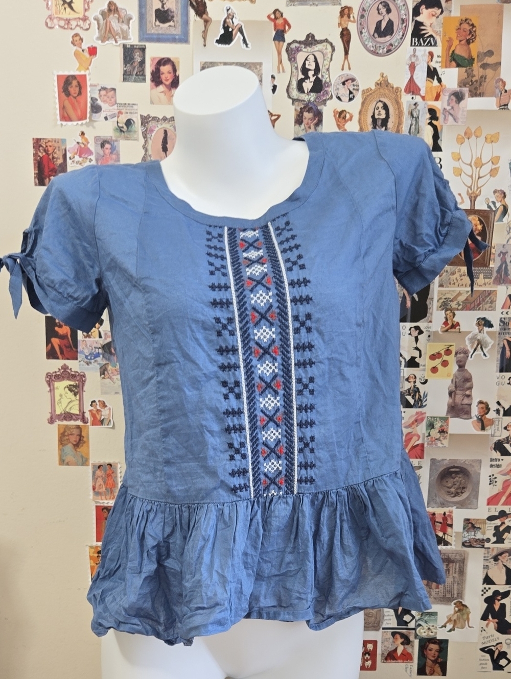J.Crew 100% Cotton Embroidered Peplum Blouse Light Blue Size 0/S